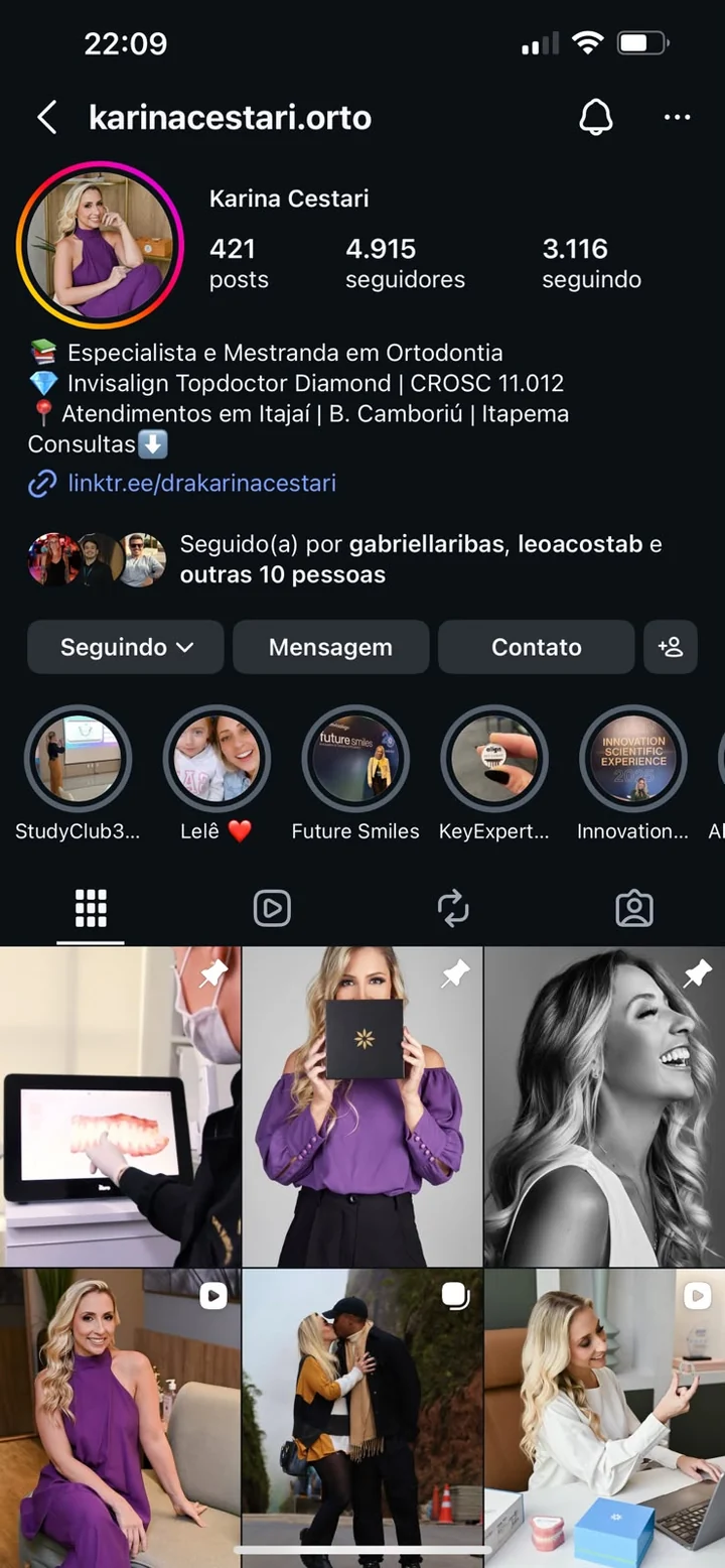Perfil da Dra. Karina Cestari no Instagram (@karinacestari.orto)